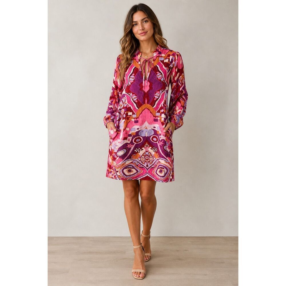 Ciebon XS NEW Boho Shift Dress Paisley Print Tie Neck Pocket Knee Length #784